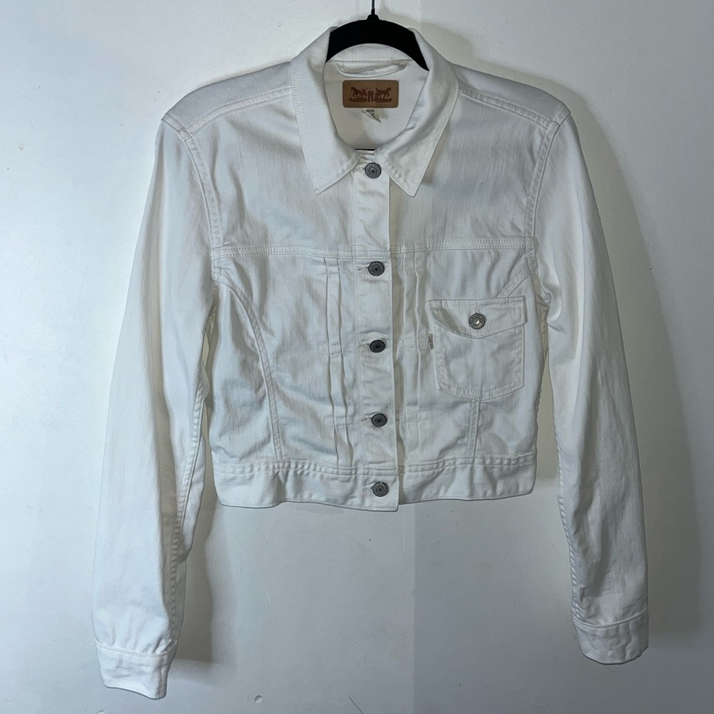 Levis Classic Pleated Cropped White Label Trucker Denim Jean Jacket- Extra Small - Picture 2 of 9